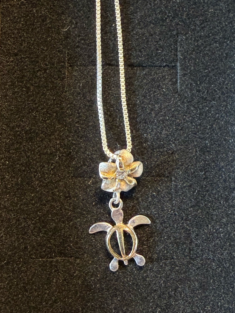 Hawaiian Sterling Silver Honu Sea Turtle and Plumeria Flower Two Tone Necklace